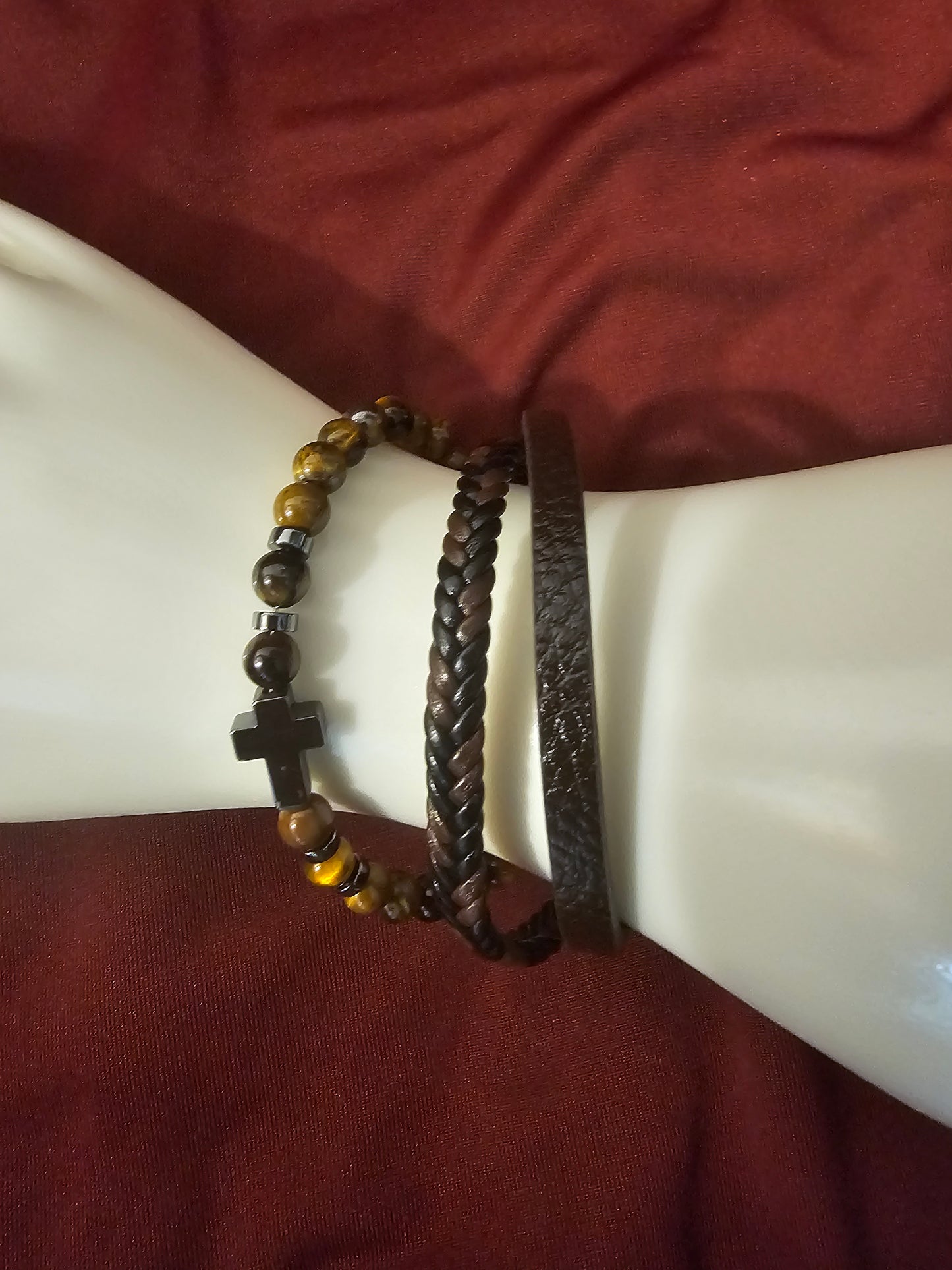 Men Leather & Tiger Eye Stones Bracelet